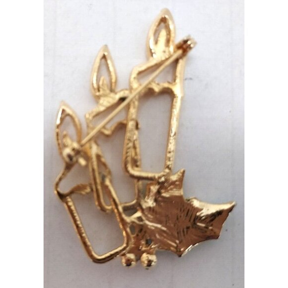Brooch Three Candles of Gold Tone Metal w Enameled Holly, Berries & Flame 2 1/2" - Picture 2 of 2